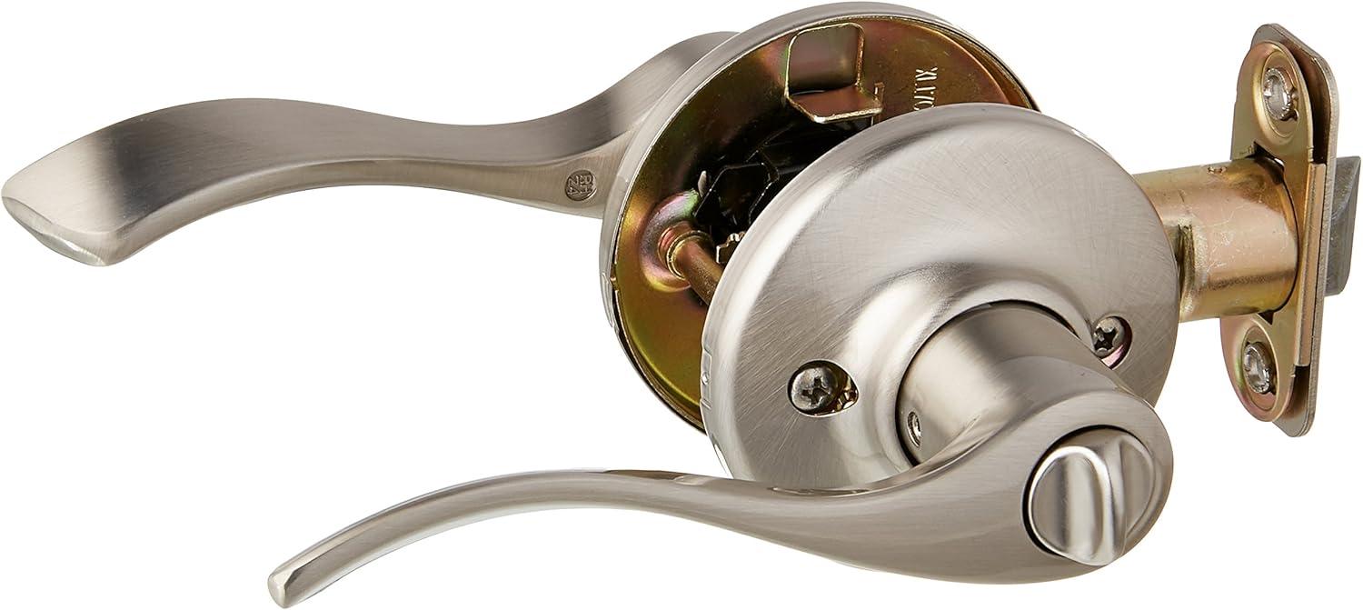 imageKwikset Balboa Interior Privacy Door Handle with Lock Door Lever For Bathroom and Bedroom Matte Black Reversible Keyless Turn LockSatin Nickel