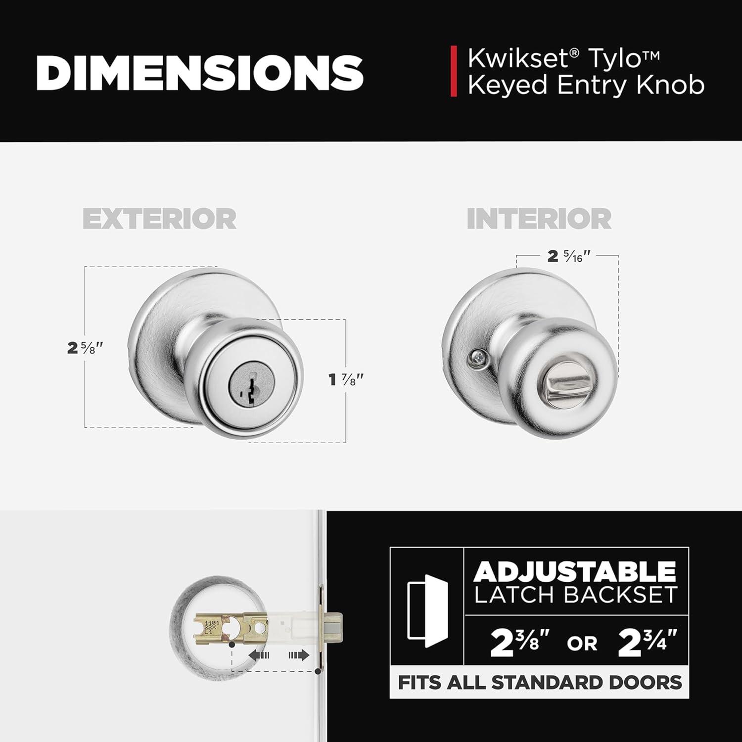 image:imageKwikset Tylo Entry Door Knob with Lock and Key Secure Keyed Handle Exterior Doorknob Front Entrance and Bedroom Satin Chrome Pick Resistant SmartKey Rekey Security