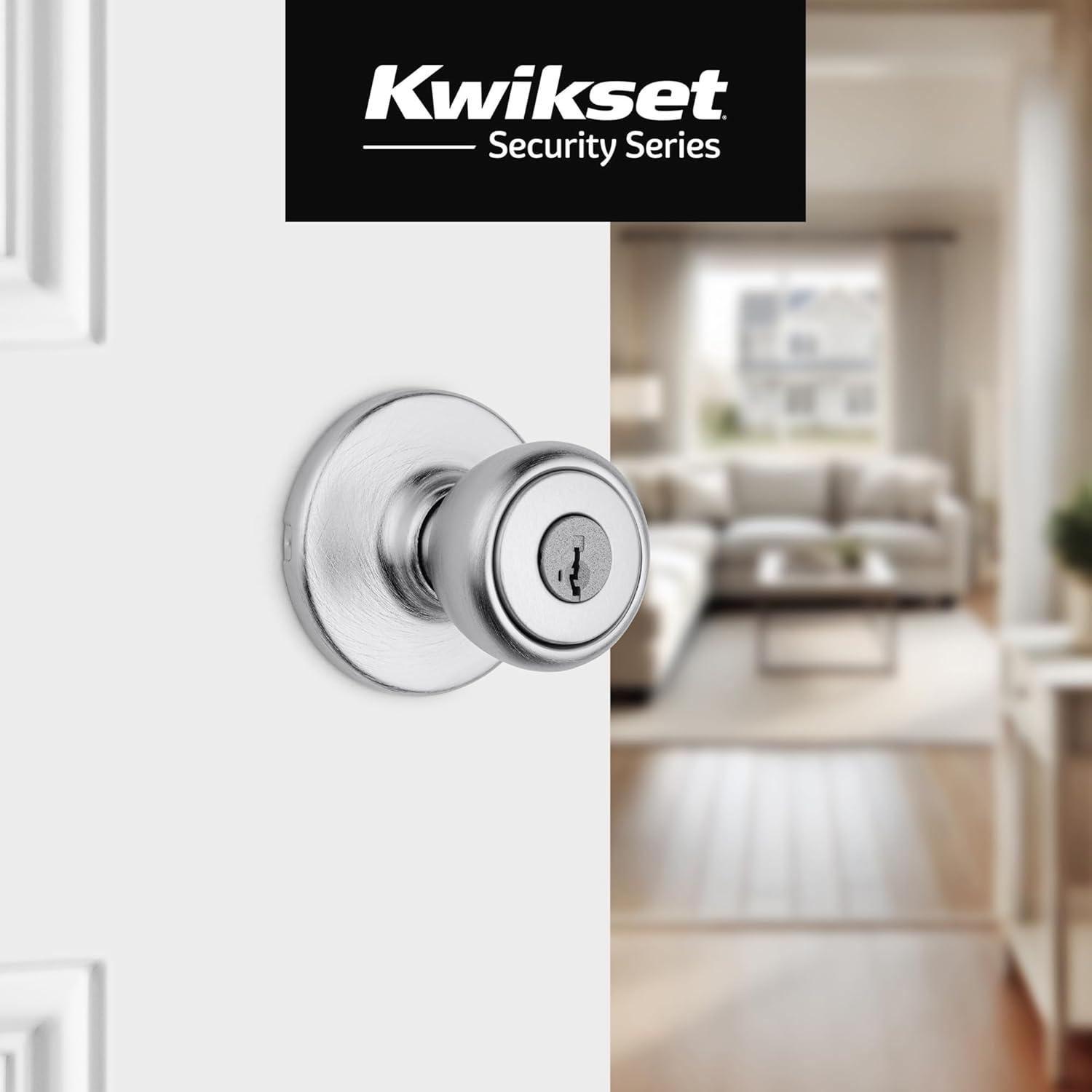 image:imageKwikset Tylo Entry Door Knob with Lock and Key Secure Keyed Handle Exterior Doorknob Front Entrance and Bedroom Satin Chrome Pick Resistant SmartKey Rekey Security