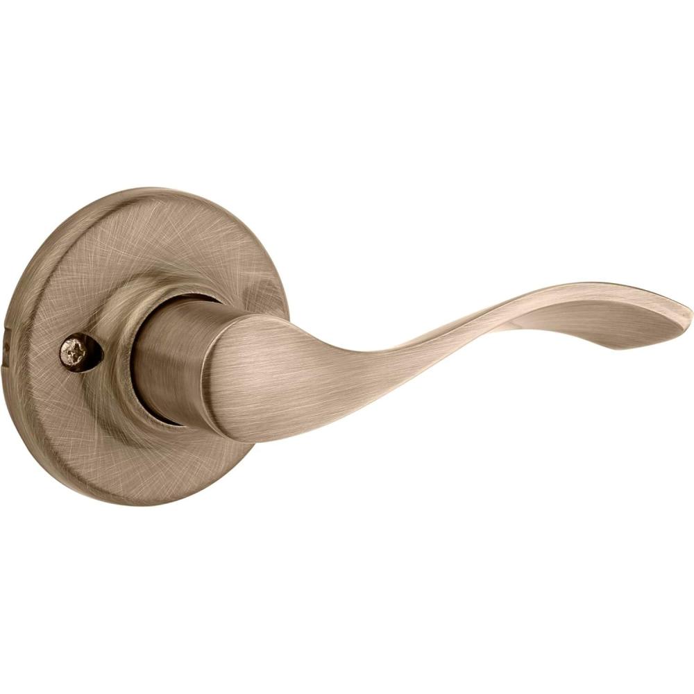 image:imageKwikset Balboa Dummy Door Handle Single Sided Lever for Closets French Double Doors and Pantry Satin Nickel NonTurning Right Handed Interior PushPull Lever with Microban ProtectionAntique Brass