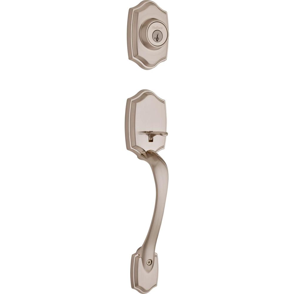 image:imageKwikset Belleview Front Door Lock Handle and Deadbolt Set Entry Handleset Exterior Only Satin Nickel Pick Resistant SmartKey Rekey Deadbolt Security Interior Sold Separately
