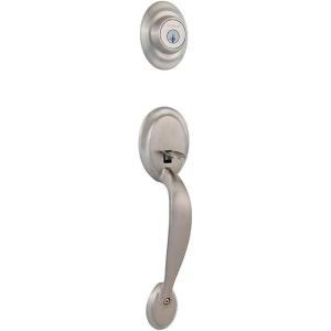 Kwikset Dakota Front Door Lock Handle and Deadbolt Set, Entry Handleset Exterior Only, Satin Nickel, Pick Resistant SmartKey Rekey Deadbolt Security, Interior Sold Separately