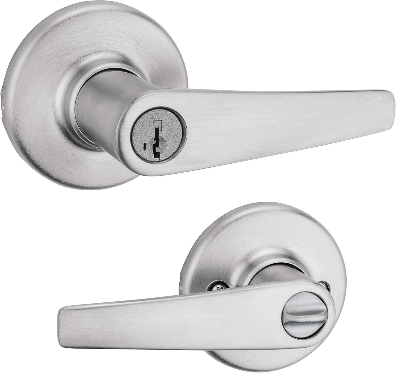 image:imageKwikset Delta Entry Door Handle with Lock and Key Secure Keyed Reversible Lever Exterior Doorlock Doorknob For Front Entrance and Bedrooms in Satin Chrome