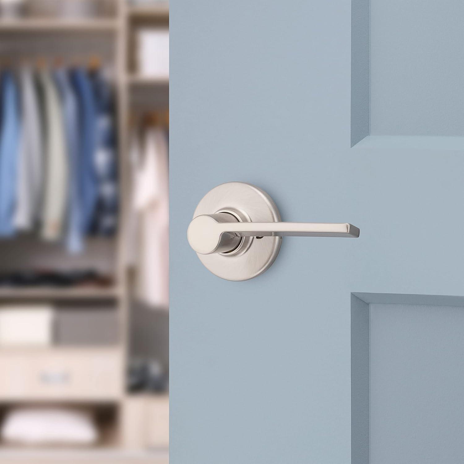 image:imageKwikset Ladera Dummy Door Handle Single Sided Lever for Closets French Double Doors and Pantry Satin Nickel NonTurning Right Handed Interior PushPull Lever with Microban Protection