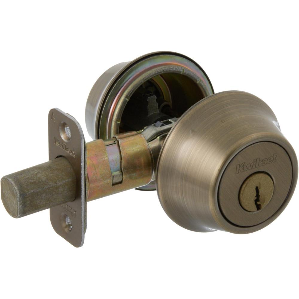 image:imageKwikset 96650493 Security Double Cylinder Deadbolt Antique Brass 1Inch Diameter Round Adjustable Latch Key Lock