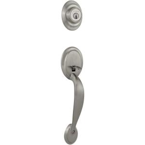Kwikset Dakota Front Door Lock Handle and Deadbolt Set, Entry Handleset Exterior Only, Secure Locking Deadbolt, Satin Nickel, Interior Sold Separately