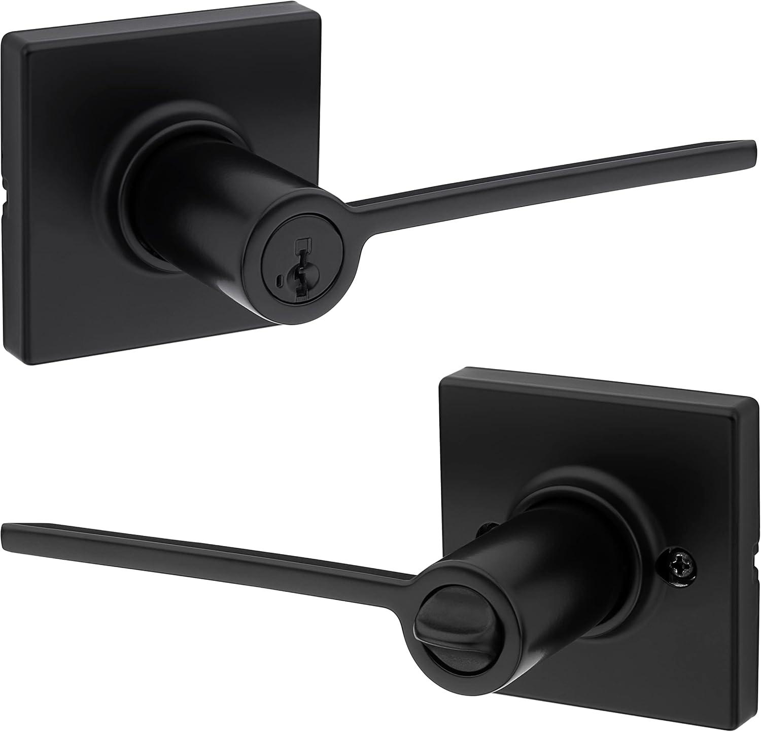 image:imageKwikset Ladera Entry Door Handle with Lock and Key Secure Keyed Reversible Lever Exterior Doorlock For Front Entrance and Bedrooms Matte Black Pick Resistant Smartkey Rekey Security