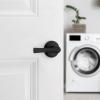 Kwikset Katella Interior Privacy Door Handle with Lock, Door Lever For Bathroom and Bedroom, Matte Black Reversible Keyless Push Button Lock Door Lever, with Microban Protection(Matte Black)