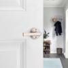 Kwikset Katella Interior Privacy Door Handle with Lock, Door Lever For Bathroom and Bedroom, Matte Black Reversible Keyless Push Button Lock Door Lever, with Microban Protection(Satin Nickel)