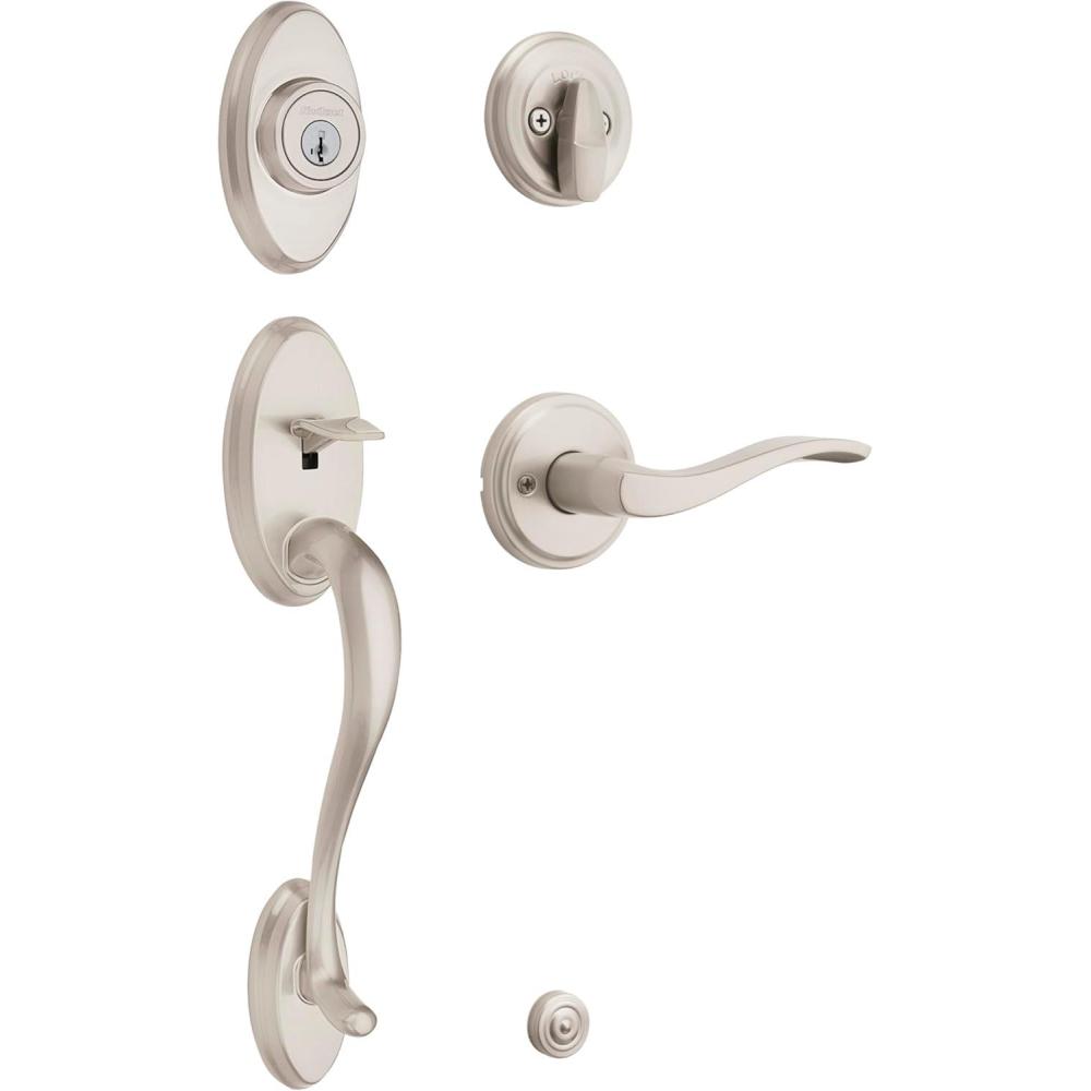 image:imageKwikset Shelburne Front Door Lock Handle and Single Cylinder Deadbolt Set Entry Handleset with Sedona Interior Reversible Lever Secure Locking Deadbolt Satin Nickel with Microban Protection