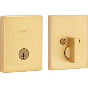Kwikset San Clemente Deadbolt Lock, Satin Nickel Rectangle Exterior Keyed Front Entry Door, Pick Resistant SmartKey Rekey Security, Single Cylinder Dead Bolt, with Microban Protection(Satin Brass)