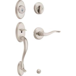 Kwikset Shelburne Front Door Lock Handle and Single Cylinder Deadbolt Set, Entry Handleset with Sedona Interior Reversible Lever, Secure Locking Deadbolt, Satin Nickel, with Microban Protection