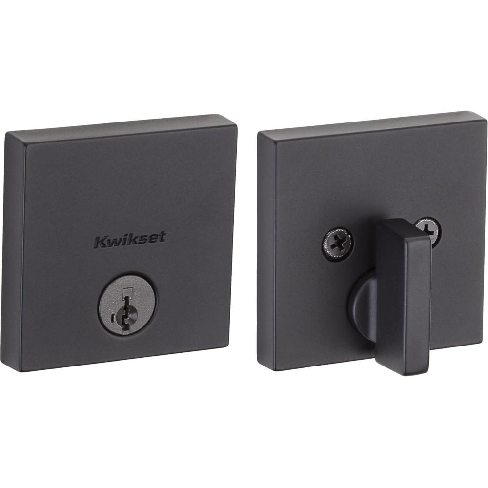 image:imageKwikset 92580005 258 Downtown Low Profile Slim Square Modern Contemporary Single Cylinder Deadbolt Door Lock featuring SmartKey Security in Satin NickelIron Black