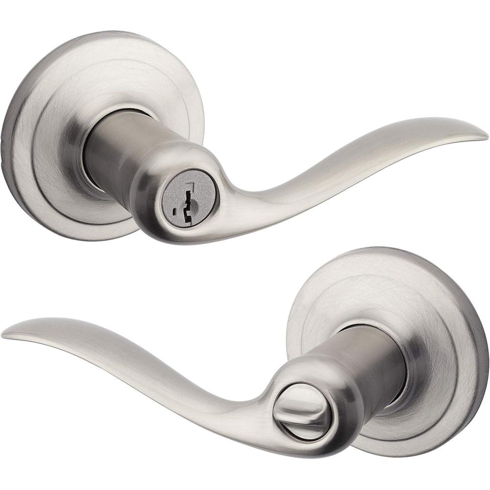 image:imageKwikset Tustin Entry Door Handle with Lock and Key Secure Keyed Reversible Lever Exterior For Front Entrance and Bedrooms Satin Nickel Pick Resistant Smartkey Rekey Security and MicrobanKeyed Entry
