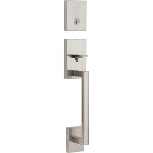 Kwikset San Clemente Front Door Lock Handle and Deadbolt Set, Entry Handleset Exterior Only, Satin Nickel, Pick Resistant SmartKey Rekey Deadbolt Security, Interior Sold Separately