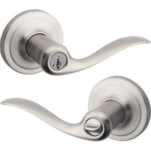 Kwikset Tustin Entry Door Handle with Lock and Key, Secure Keyed Reversible Lever Exterior, For Front Entrance and Bedrooms, Satin Nickel, Pick Resistant Smartkey Rekey Security and Microban(Keyed Entry)