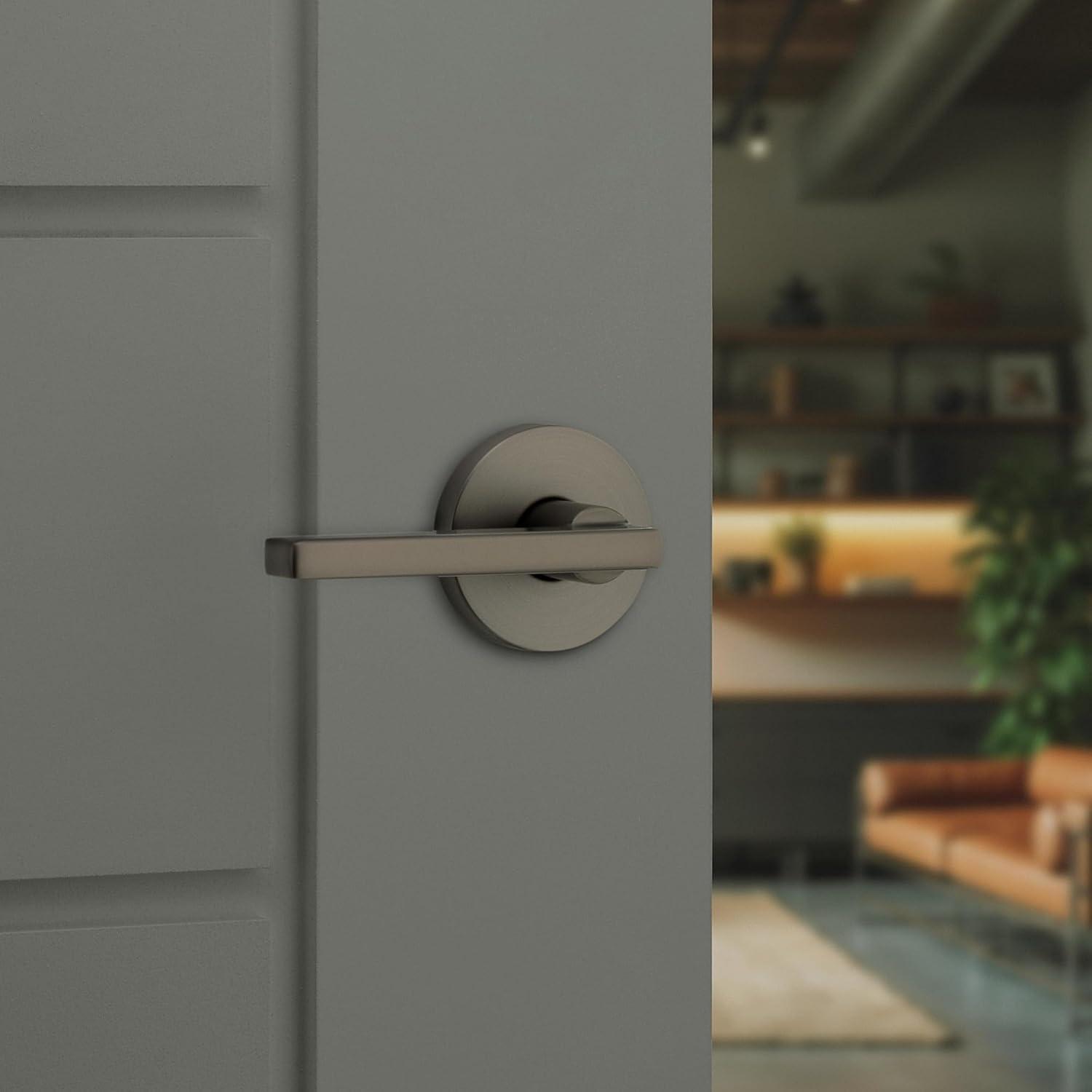 image:imageKwikset 720HFLRDT15 Halifax Lever with Round Rose Passage Door Lock with 6AL Latch and RCS Strike Satin Nickel Finish