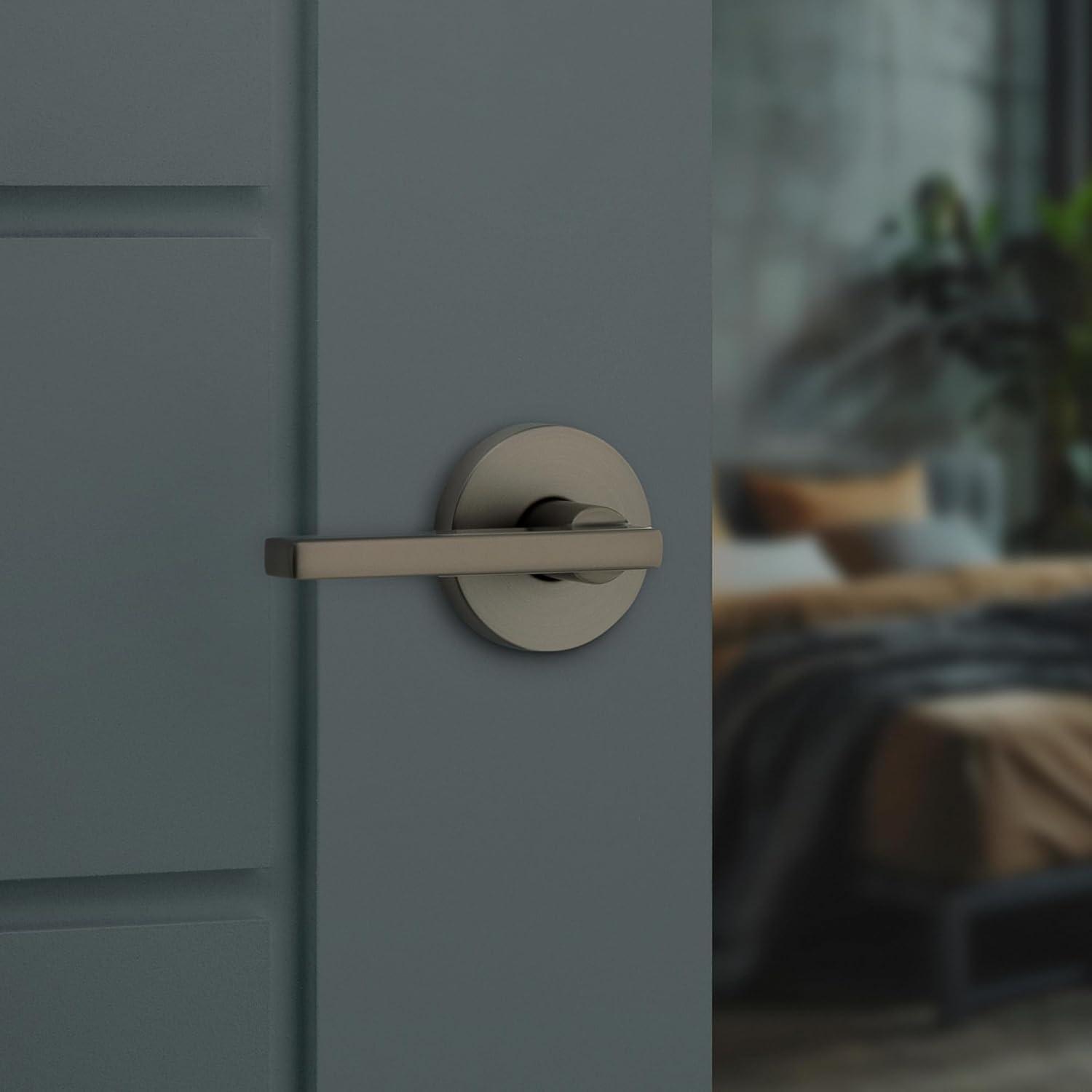 image:imageKwikset 730HFLRDT15 Halifax Lever with Round Rose Privacy Door Lock with 6AL Latch and RCS Strike Satin Nickel Finish