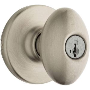 Kwikset Aliso Entry Door Knob with Lock and Key, Secure Keyed Handle Exterior Doorknob, Front Entrance and Bedroom, Satin Nickel, Pick Resistant SmartKey Rekey Security