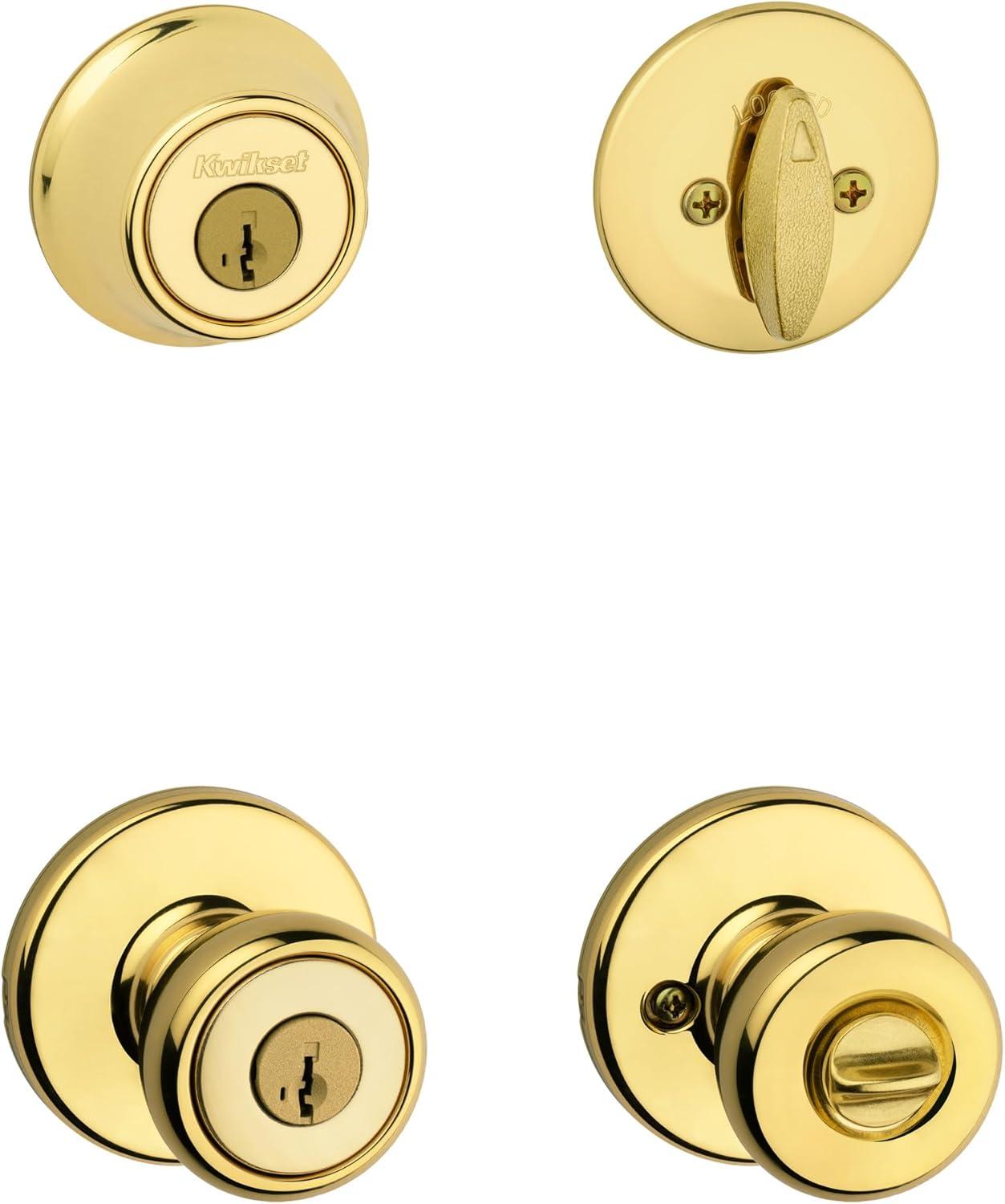 image:imageKwikset Tylo Front Door Lock Handle and Deadbolt Set Entry Combo Pack Single Cylinder with Entry Door Knob Satin Nickel Pick Resistant SmartKey Security with Microban ProtectionPolished Brass