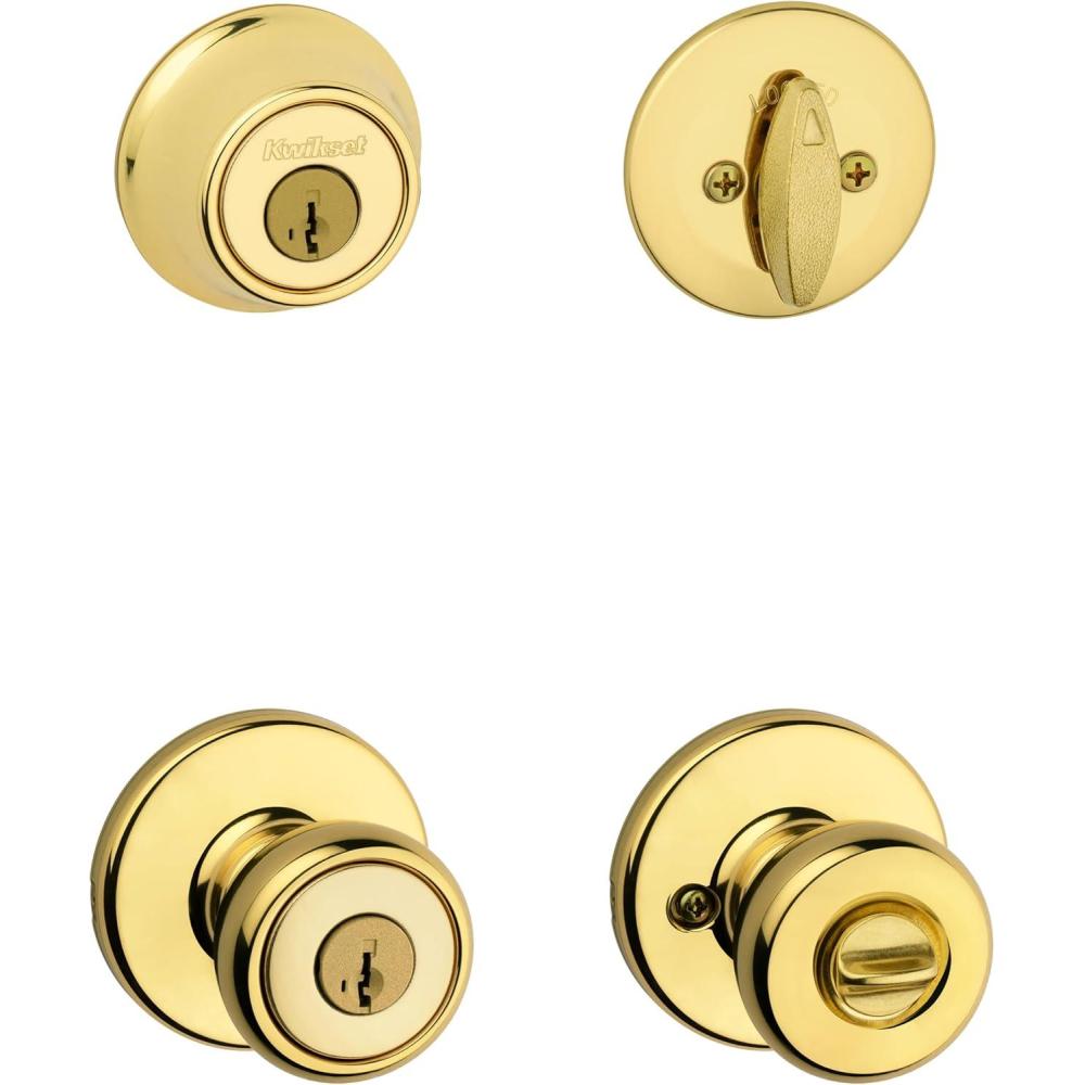 image:imageKwikset Tylo Front Door Lock Handle and Deadbolt Set Entry Combo Pack Single Cylinder with Entry Door Knob Satin Nickel Pick Resistant SmartKey Security with Microban ProtectionPolished Brass