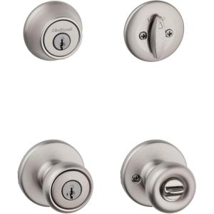 Kwikset Tylo Front Door Lock Handle and Deadbolt Set, Entry Combo Pack Single Cylinder with Entry Door Knob, Satin Nickel, Pick Resistant SmartKey Security, with Microban Protection(Satin Nickel)