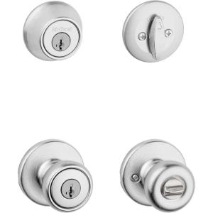 Kwikset Tylo Front Door Lock Handle and Deadbolt Set, Entry Combo Pack Single Cylinder with Entry Door Knob, Satin Nickel, Pick Resistant SmartKey Security, with Microban Protection(Satin Chrome)